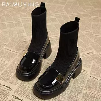Platform Women Snow Ankle Boots High Heels Designer Shoes Knitting Chunky Sock Boots 2024 Trend Winter New Goth Botas De Mujer 35 чёрный