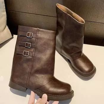 Pleated Buckle Knight Boots For Women Autumn Brown PU Leather Mid Calf Boots Woman Slip-On Thick Heel Riding Botas Mujer 2025 35 коричневый