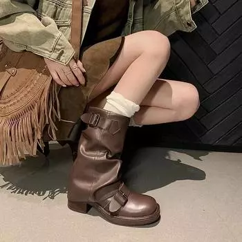 Pleated Mid-calf Modern Boots Square Heel Spring/autumn Ladies Shoes 2024 High Quality Slip-on Round Toe Low Heel Women s Boots 35 чёрный