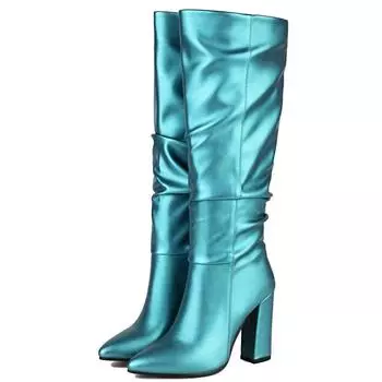 Pleated Women s Knee High Boots Block Heel Party Winter Shoes Lady Footwear Big Size Luxury Blue Yellow Green Western Long Boot 34 серебряный серый