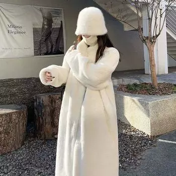 Плотное и свободное зимнее пальто из овечьего меха для женщин из кашемира средней длины и одежды большого размера S белый