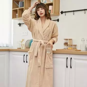 Плотный халат из кораллового флиса с капюшоном - впитывающий, однотонный, для мужчин и женщин, идеально подходит для осени и зимы One size (length 110cm)