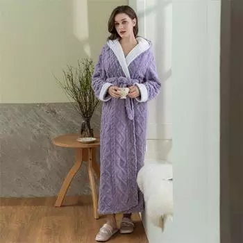 Плотный женский теплый халат, однотонный, с капюшоном, теплый женский халат, длинный рукав, фланелевый банный халат для женщин M зелёный