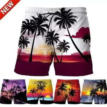 Пляжные шорты Coconut Tree Hawaiian с 3D-печатью, летние мужские повседневные шорты для плавания, высокоэластичные быстросохнущие спортивные брюки S