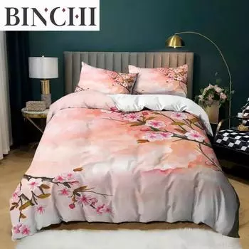 Plum Blossom Duvet Cover Set King Pink Flower Quilt Cover for Girls Microfiber Branches Printed Bedding Set 70x133cm 2pcs
