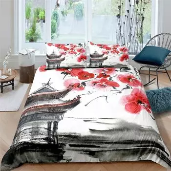 Plum Blossom Lake Pavilion Crane Wash Painting Комплект постельного белья Пододеяльники Твин Queen King Single Домашний текстиль 3D Комплект постельного белья EU Single 135x200cm