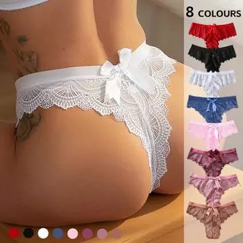 Плюс размер 4XL женские трусики-стринги сексуальные кружевные с низкой посадкой женское нижнее белье летние ультратонкие дышащие трусы с бантом женские S