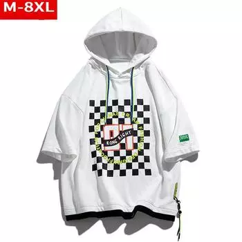 Плюс размер 8xl Летняя мужская футболка с капюшоном с принтом Свободная однотонная хлопковая футболка с половиной рукава L белый