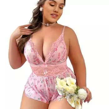 Плюс Размер Naughty Lingerie Боди, Женский бант Цветочный принт Глубокий V-образный вырез Кружевная строчка Тедди L