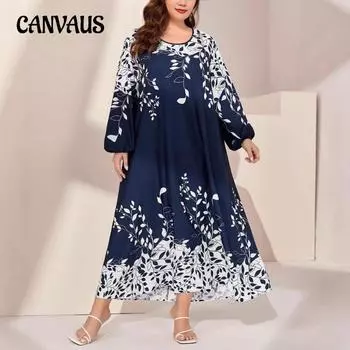 Плюс Размер Женщин Осень Новая Мода Commuter Temperament Print Loose Long Dress 0XL темно-синий