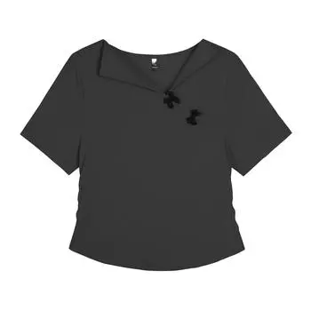 Plus Size Pleated V-Neck Short-Sleeve Top with Bow 63477 4XL (Recommended for 90-100 kg)
