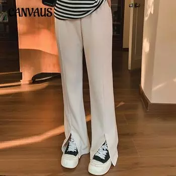 Plus Size Women s Elastic Waist Straight Leg Casual Slit Loose Wide Leg Pants XL чёрный