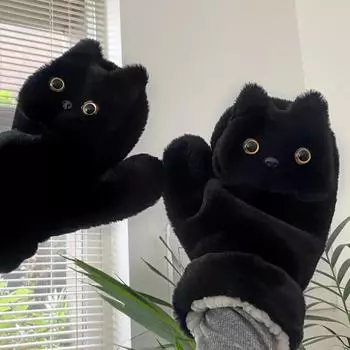 Плюшевые зимние перчатки Black Cat: Теплая, ветрозащитная и стильная одежда для велоспорта у студентов cat чёрный