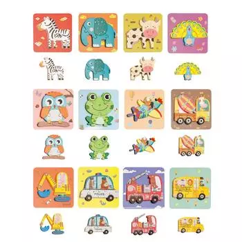 PLUSPLUS Puzzle 3 года 2 года 1 год Монтессори игрушки для малышей Детские деревянные головоломки (Животные + Транспортные средства)