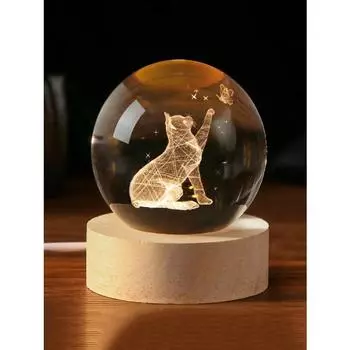 Подарки для любителей кошек для женщин, 3D фигурки кошек в хрустальном шаре, декор 60 мм, снежные шары с котенком, подарочная стеклянная сфера с деревянной подставкой