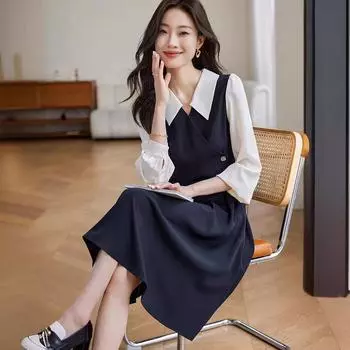 Поддельное платье из двух частей для женщин в осеннем стиле, элегантная контрастная цветная рубашка с длинными рукавами, юбка, дизайн Sense S