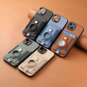 Подходит для Apple 16 Pro Чехол для мобильного телефона AirTag Locator Storage Leather Pattern Card Защитный чехол для iPhone15 iPhone 16 Pro Max (large hole)