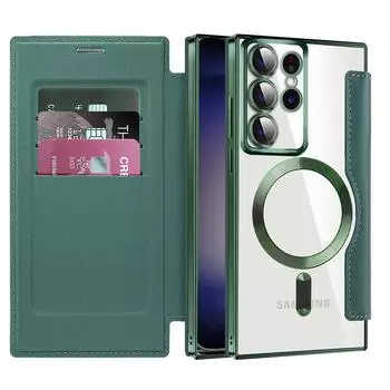 Подходит для Samsung S25Ultra чехол для мобильного телефона из ромбовидной кожи ягненка s24 гальванизированный магнитный присоска S23 маленький ароматный ветрозащитный кожаный чехол-книжка Samsung S25 чёрный