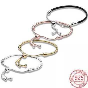 Подлинное серебро 925 пробы Moments Four Style Snake -Shaped Sliding Браслет Кожаный браслет Свадебная вечеринка Девушка Ювелирные изделия