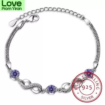 Подлинный 925 пробы стерлингового серебра Endless Love Infinity Chain Link Регулируемый женский браслет Роскошные серебряные ювелирные изделия Scb037