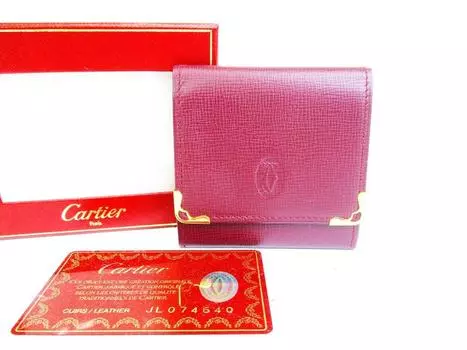 Подлинный кошелек для монет Cartier Must de Cartier бордового цвета из кожи #6645, восстановленный