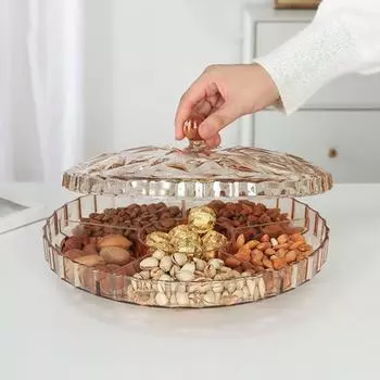 Поднос для подачи закусок с крышкой, 6 отделений, пластиковый пыленепроницаемый, удобный в уходе круглый поднос для еды D