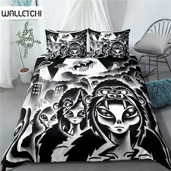 Пододеяльник Alien UFO Queen Boys Kids Сверхъестественные Марсианские Существа С Других Планет Голова Пришельца Полиэстеровый стеганый чехол EU single(135x200cm)