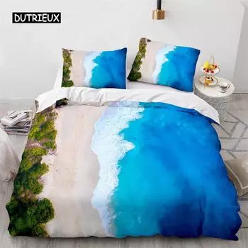 Пододеяльник Blue Beach с летним пляжным декором и волнами в гавайском стиле. Комплект постельного белья из полиэстера с изображением пальмы и тропической природы на море. 150x200cm 3pcs