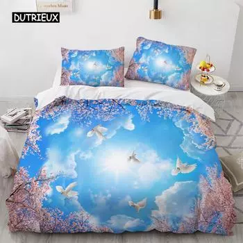 Пододеяльник Blue Sky King Queen с розовыми цветами и белой летящей птицей, комплект постельного белья для детей, подростков и взрослых, 3D-покрывало с изображением природного пейзажа US Queen(228x228cm)