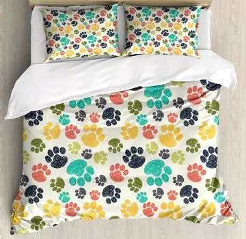 Пододеяльник Dog Lover с нарисованным от руки принтом лапы, каракули, круговой узор, стиль рисунка, животные, украшения для спальни, кораллово-бирюзовый 135x200cm 2pcs