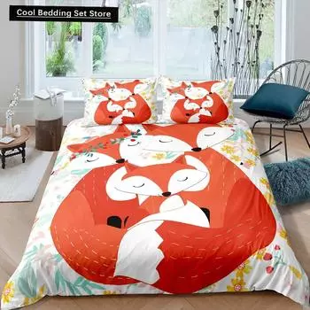 Пододеяльник Fox King Queen Kawaii Cartoon Fox Family Комплект постельного белья для детей Милый оранжевый дикий зверь 2/3 шт. Полиэстеровый пододеяльник EU single(135x200cm)
