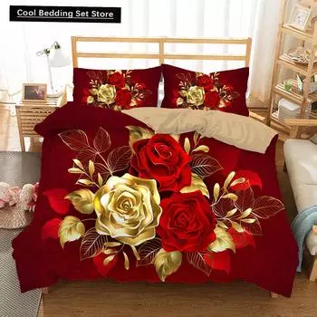 Пододеяльник Golden Red Rose King Queen Романтический комплект постельного белья с цветочным принтом Цветы ко Дню святого Валентина Пододеяльник из полиэстера EU single(135x200cm)