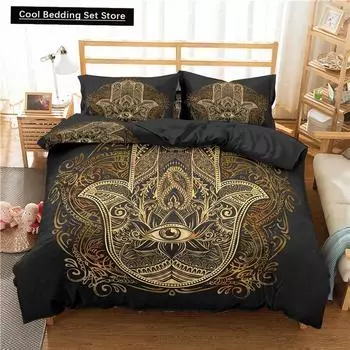Пододеяльник Hamsa Hand King Queen Gold Lucky Hand of Fatima Комплект постельного белья Black Boho Пододеяльник Hippie Polyester Покрывало EU single(135x200cm)