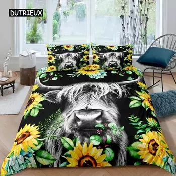 Пододеяльник из хайлендской коровы King Sunflower Black Cattle Комплект постельного белья из микрофибры Farm Animal Cow Western Farmhouse Cattle Пододеяльник из плотной ткани 150x200cm 3pcs
