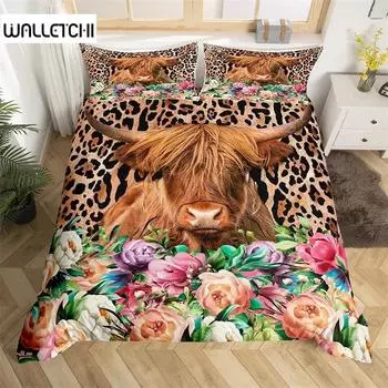 Пододеяльник из коровьей шкуры Highland, комплект постельного белья из микрофибры в стиле вестерн-фермерства с животными, леопардовый мех коровьей шкуры, цветочный принт, покрывало EU single(135x200cm)