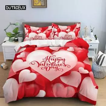 Пододеяльник ко Дню святого Валентина King Size из микрофибры Романтический красный комплект постельного белья с изображением сердечек для влюбленных Покрывало ко Дню святого Валентина EU single(135x200cm)