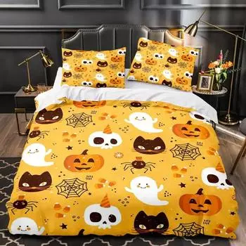 Пододеяльник на Хэллоуин King Queen Kawaii Cartoon Skull, комплект постельного белья для мальчиков, оранжевый, тыквенный, скелет, 2/3 шт., полиэстер, пододеяльник EU single(135x200cm)