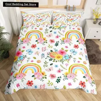Пододеяльник Rainbow King Queen, комплект постельного белья с разноцветными радугами, покрывало с акварельными цветами и бабочками, полиэстеровое одеяло EU single(135x200cm)