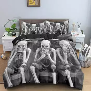 Пододеяльник с 3D черепом 220x240, комплект постельного белья со скелетом, роскошный пододеяльник с застежкой-молнией, 2/3 шт., комплекты одеял королевского размера EU single(135x200cm)