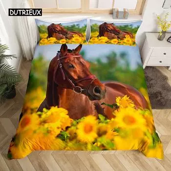 Пододеяльник с 3D лошадью размера King Queen, желтый подсолнух, комплект постельного белья, цветочная тема, животное, покрывало, дикая природа, мягкое одеяло EU single(135x200cm)