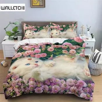 Пододеяльник с 3D-принтом кота, комплект постельного белья с цветочным принтом, для двоих, для детей, девочек, мальчиков, декор комнаты, роскошное одеяло из микрофибры с забавным рисунком в виде животного EU single(135x200cm)