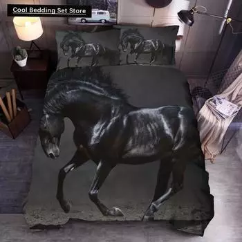 Пододеяльник с 3D-принтом в виде лошади, комплект постельного белья с изображением животных, двуспальный, двуспальный, размера «king-size», для детей и мужчин, черный, мягкий, наволочка EU single(135x200cm)