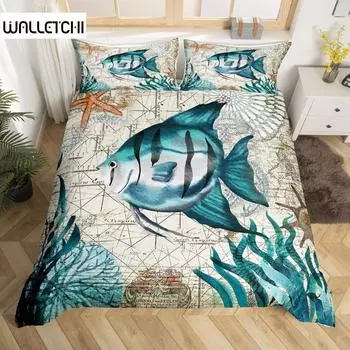 Пододеяльник с бирюзовым узором King Queen Ocean Spanish Mackerel Пододеяльник с изображением морского подводного мира Морская жизнь Комплект постельного белья из полиэстера EU single(135x200cm)