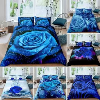 Пододеяльник с цветочным принтом «Blue Rose» King Queen, комплект постельного белья с 3D-цветами, покрывало на одеяло ко Дню святого Валентина с ботаническим узором 70x133cm 2pcs