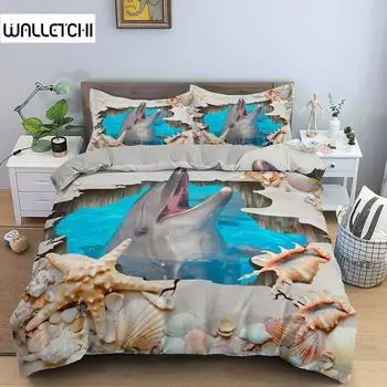 Пододеяльник с дельфинами, комплект постельного белья 3D для мальчиков и девочек, для взрослых, одеяло, покрывало Queen King, домашний текстиль, морская жизнь, полиэстер, пододеяльник EU single(135x200cm)