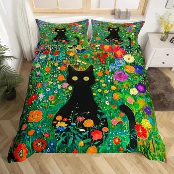 Пододеяльник с изображением черного кота из мультфильма, комплект постельного белья с акварельными цветами, домашние животные, ботанический плед, романтический деревенский пододеяльник 70x133cm 2pcs