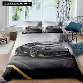 Пододеяльник с изображением гоночной машины King Queen Cool Speed Racing, комплект постельного белья для подростков и мужчин, черный спортивный автомобиль, пододеяльник из полиэстера US Queen(228x228cm)