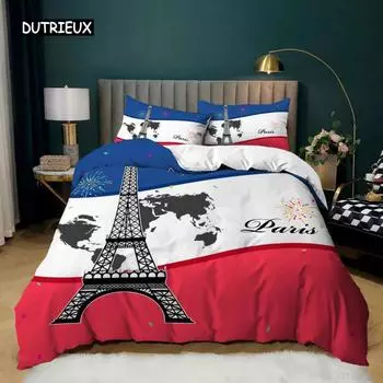 Пододеяльник с изображением Эйфелевой башни King Paris Eiffel Tower Blue White Red Комплект постельного белья из полиэстера с всемирно известным архитектурным рисунком EU single(135x200cm)
