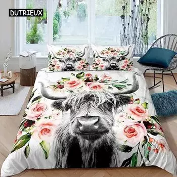 Пододеяльник с изображением коровы Хайленд Цветок King Size Bull Cat Комплект постельного белья Western Funny Animal Комплект одеяла Wildlife Farmhouse EU single(135x200cm)