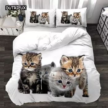 Пододеяльник с изображением кота, подарок любителю кошек, двойной пододеяльник для детей и подростков, микрофибра, милый комплект постельного белья с изображением котенка и животных размера «queen-king size» EU single(135x200cm)
